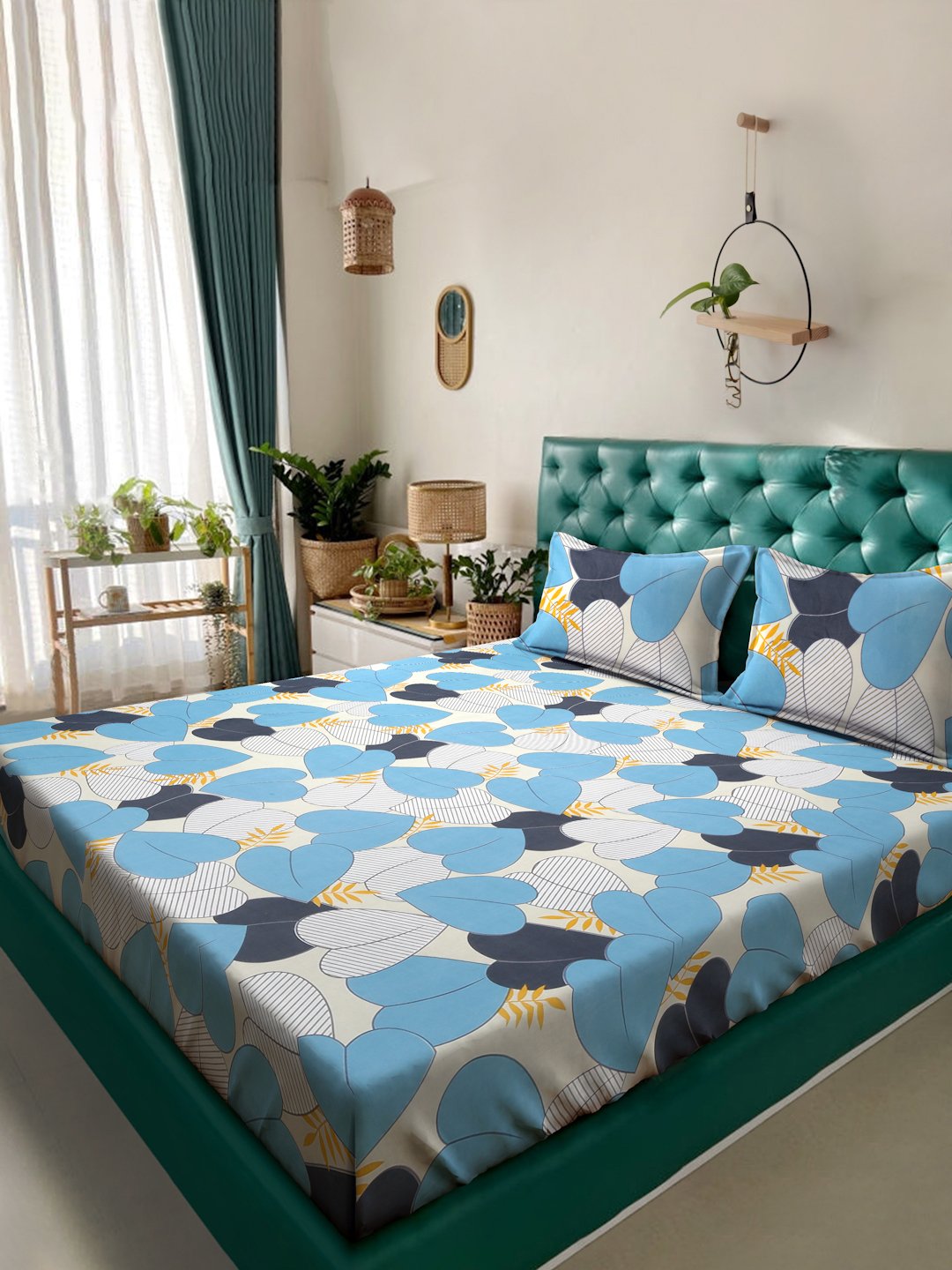 Book Fold Blue Floral 300 TC Cotton Blend Double Bedsheet with 2 Pillow Covers