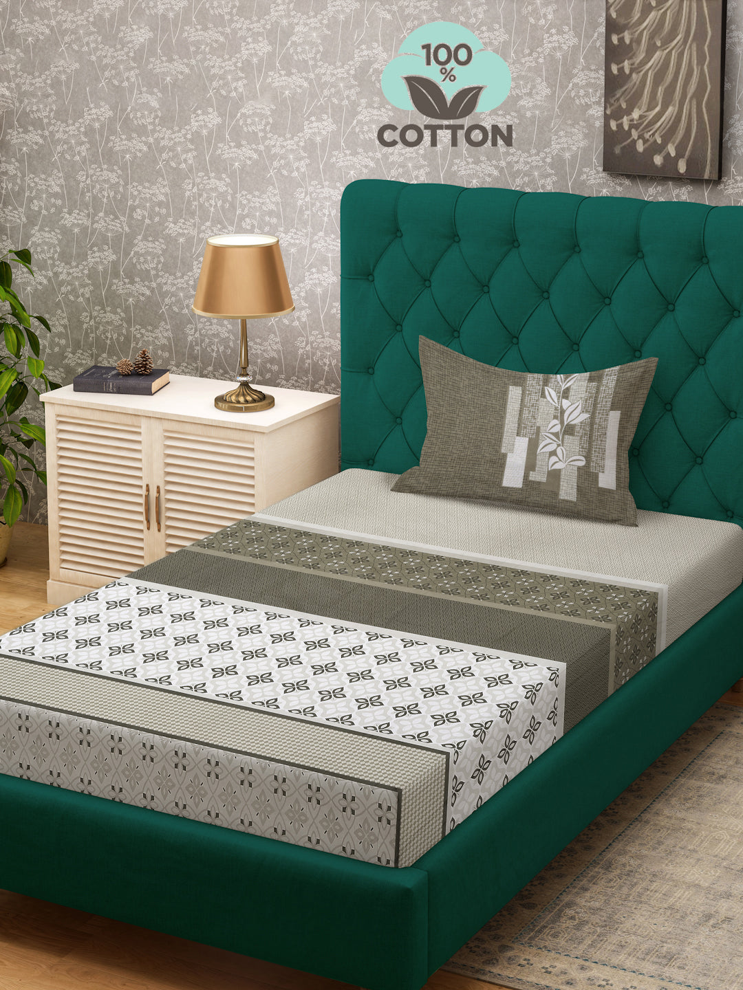 Klotthe Olive Geometric 400 TC Pure Cotton Single Bedsheet with Pillow Cover