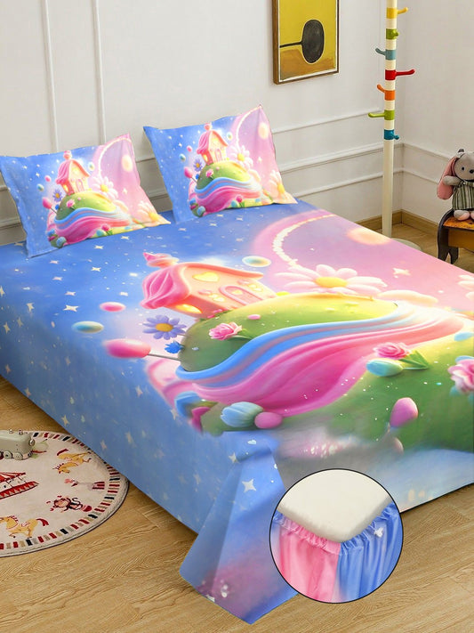 Blue 7D Cartoon Characters Printed Fitted Cotton Blend Double Bedsheet with 2 Pillow Covers