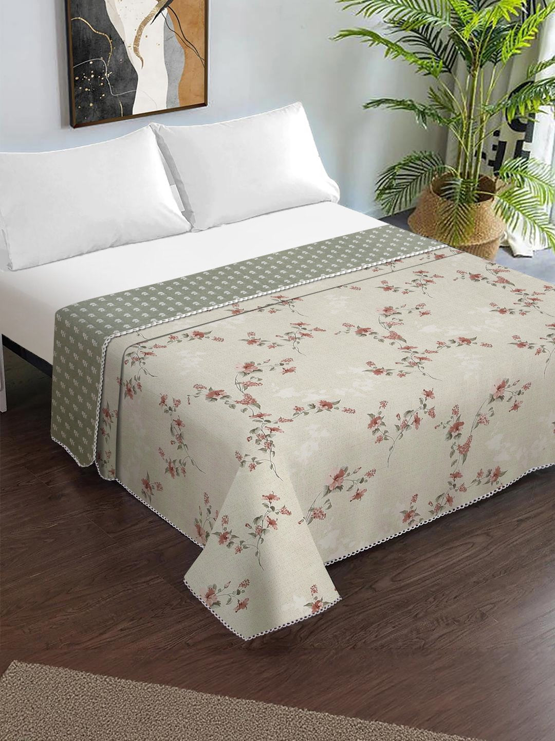 Green Cotton Blend Floral Double Bed Dohar