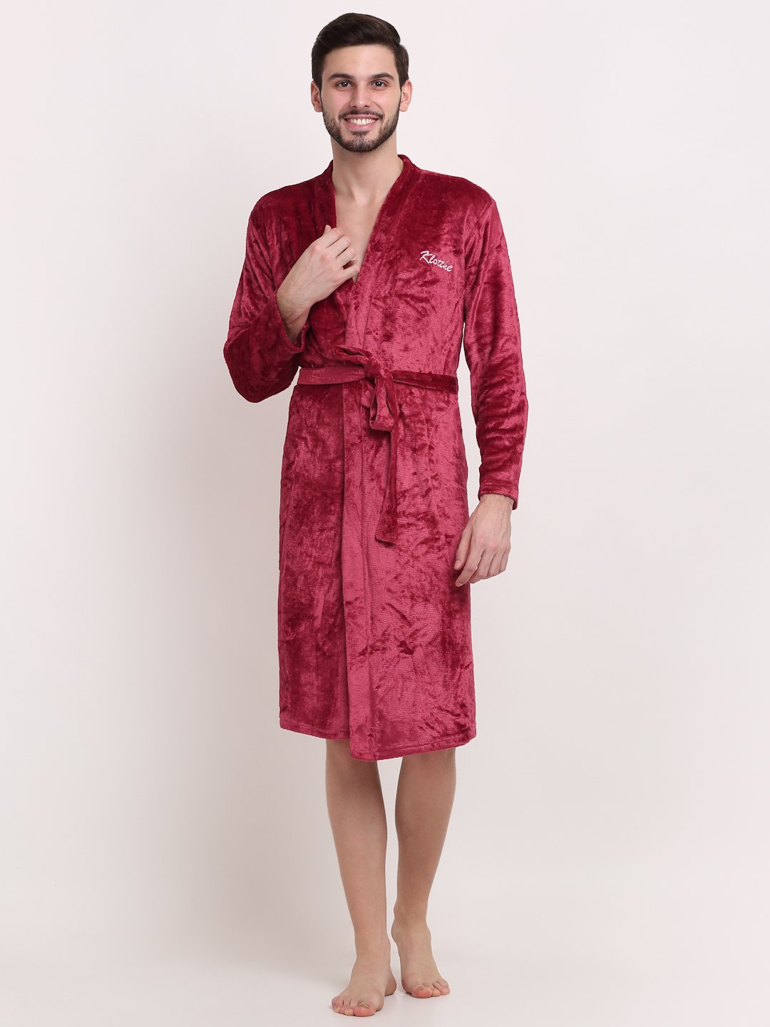 Men Red Solid Wool Bath Robe With Belt