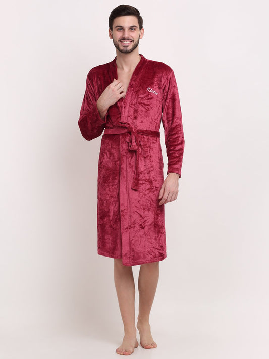 Men Red Solid Wool Bath Robe With Belt
