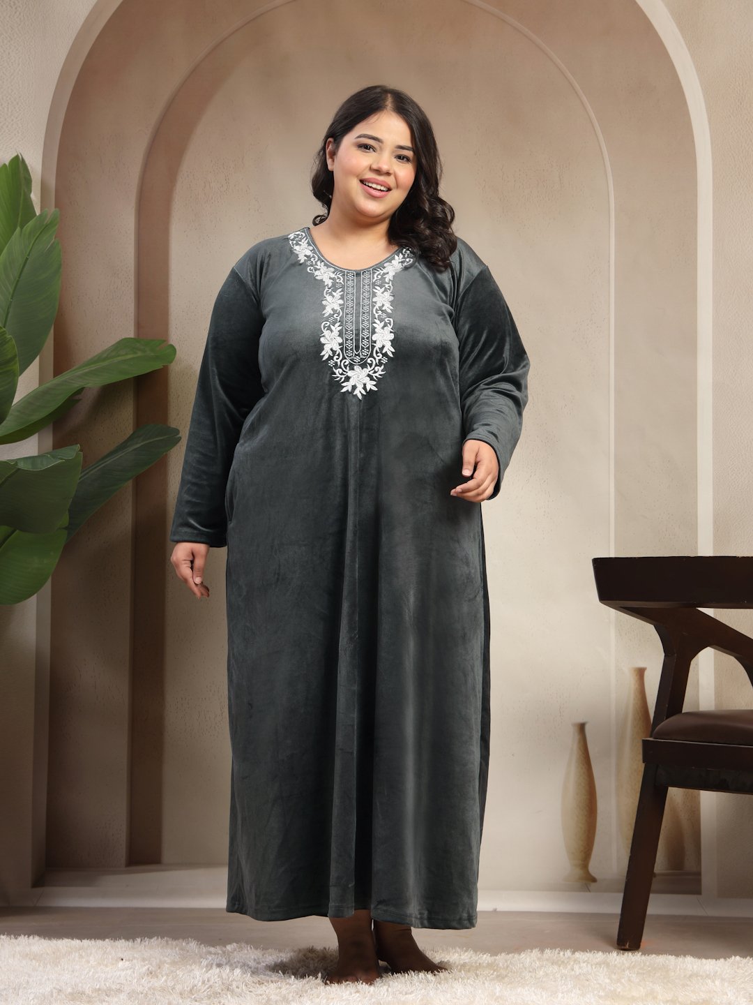 Klotthe Grey Solid Soft touch Velvet Maxi Nightdress