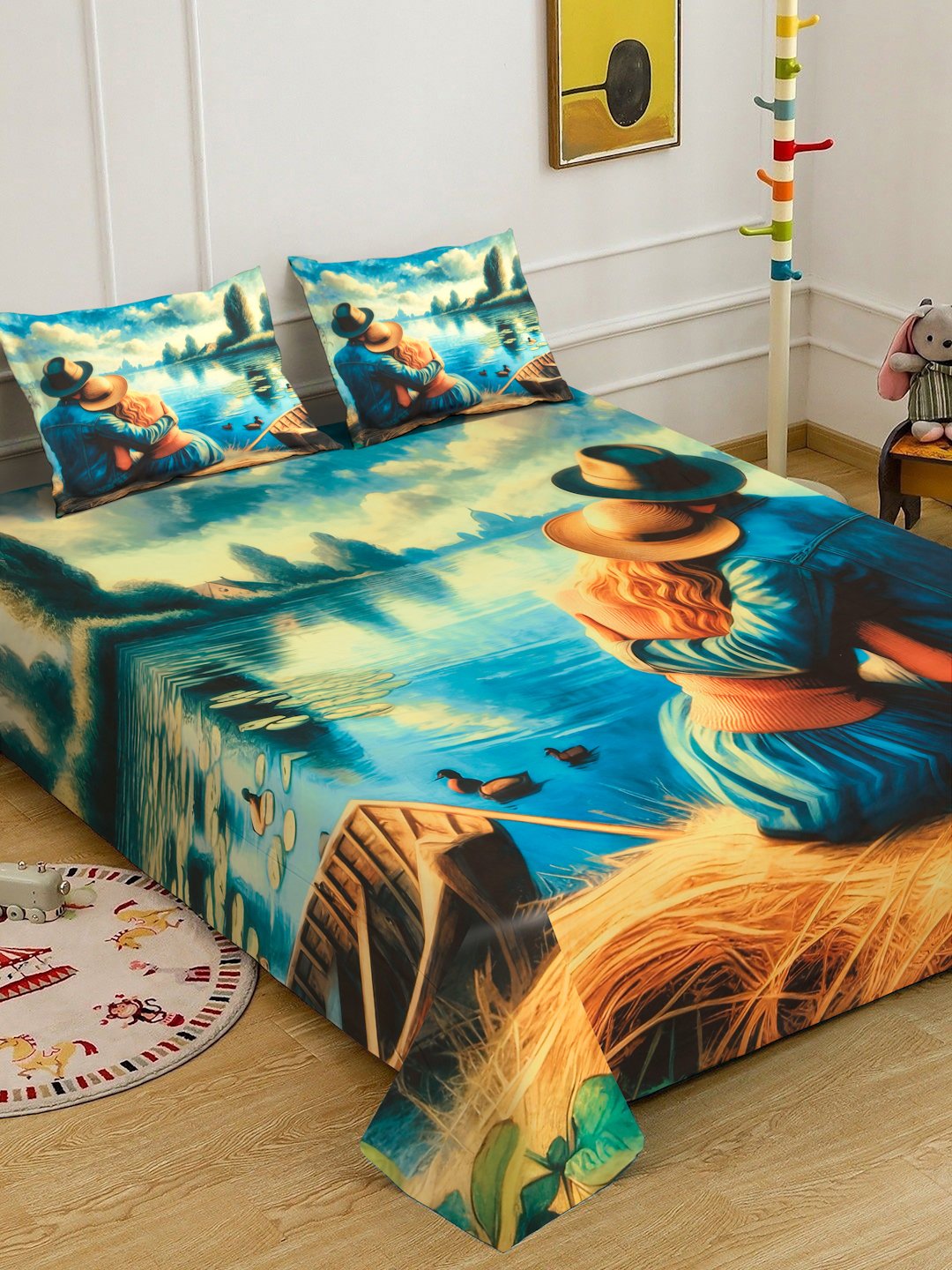 Blue Digital Abstract Printed Cotton Blend Double Bedsheet with 2 Pillow Covers