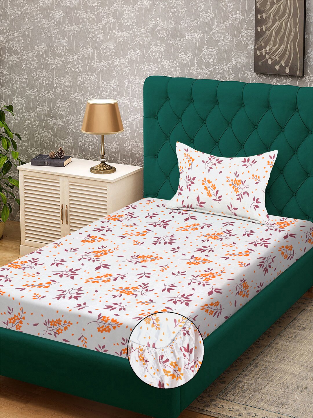 White Floral 300 TC Cotton Blend Fitted Single Bedsheet with Pillow Cover
