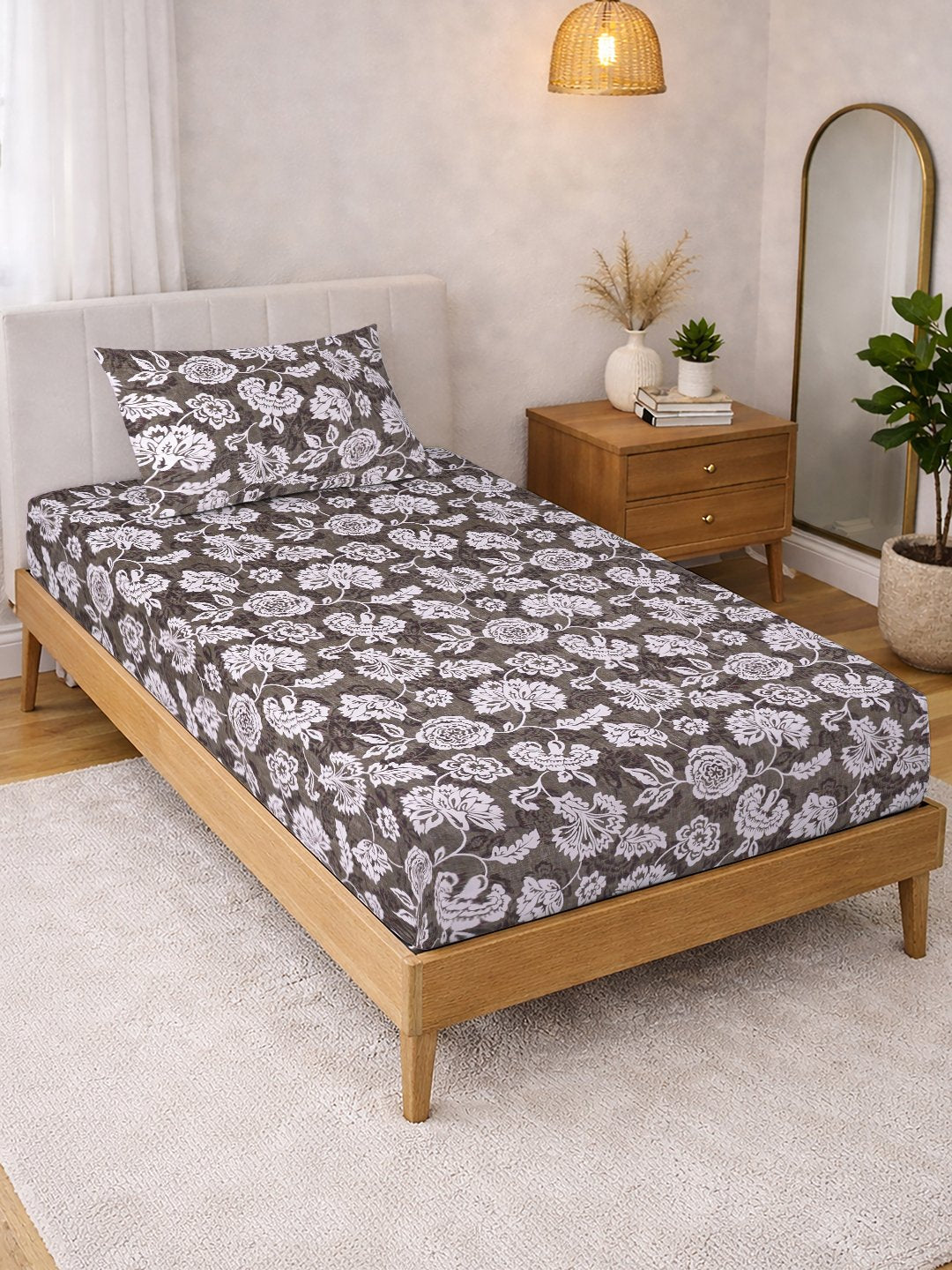 Brown Floral Cotton Blend Single Bedsheet with Pillow Cover