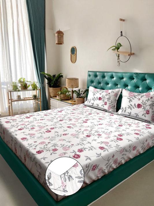 Floral 300 TC Cotton Blend Fitted Double Bedsheet in Book Fold Packing