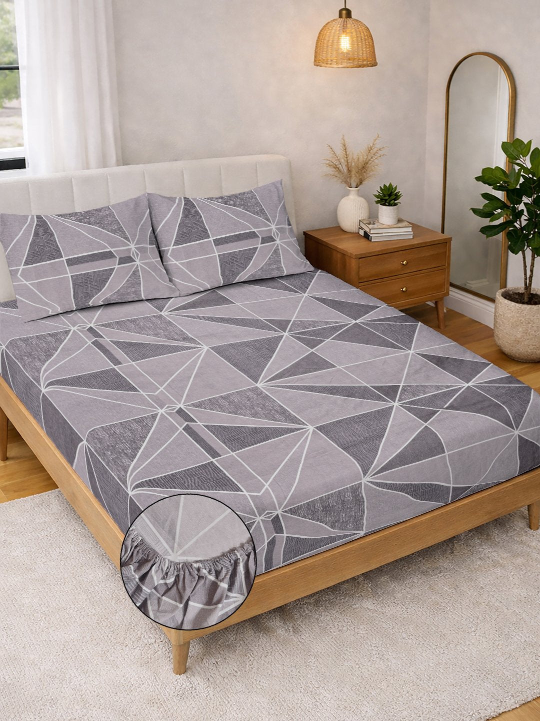 Purple Geometric Cotton Blend Fitted Double Bedsheet with 2 Pillow Covers