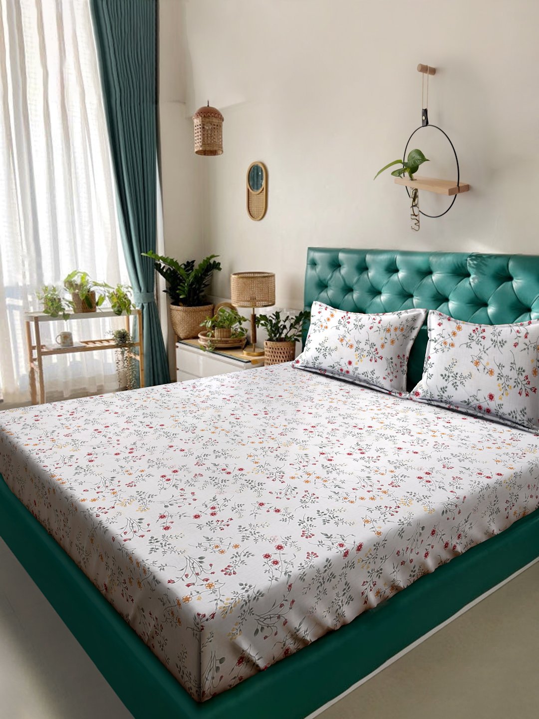 Off White Floral 300 TC Cotton Blend Super King Double Bedsheet with 2 Pillow covers