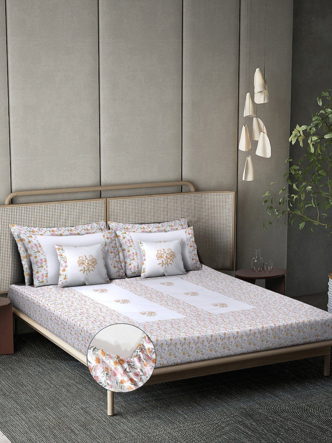 White Floral Embroidered 400 TC Cotton Fitted Double Bedsheet with 4 Pillow Covers & 2 Cushion Covers