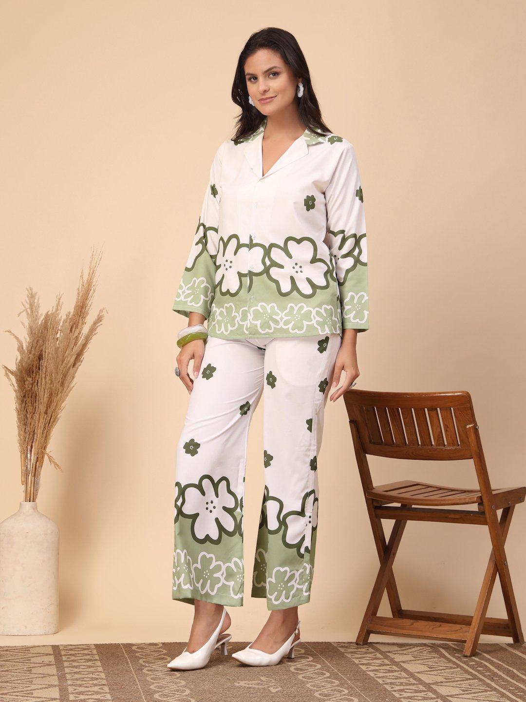 Cream Cotton Printed Shirt With Trousers Co-Ords Set