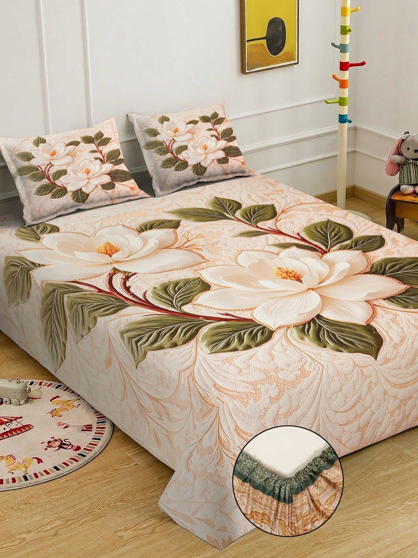 Cream Digital Floral Printed Cotton Blend Fitted Double Bedsheet with 2 Pillow Covers