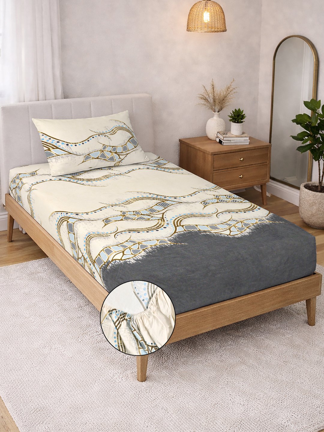 Cream Abstract Cotton Blend Fitted Single Bedsheet with Pillow Cover
