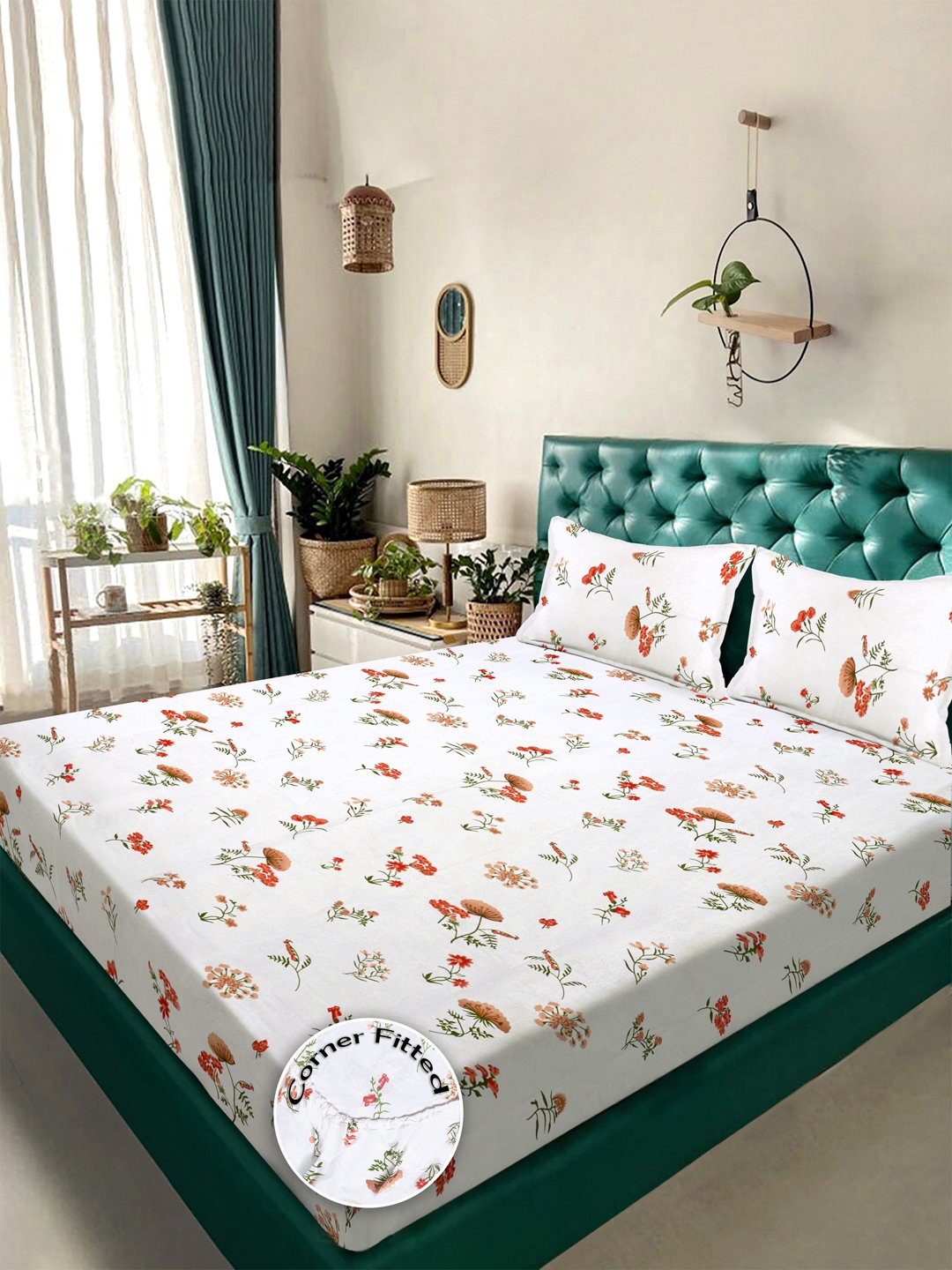 White Floral 300 TC Cotton Blend Fitted Double Bedsheet with 2 Pillow Covers