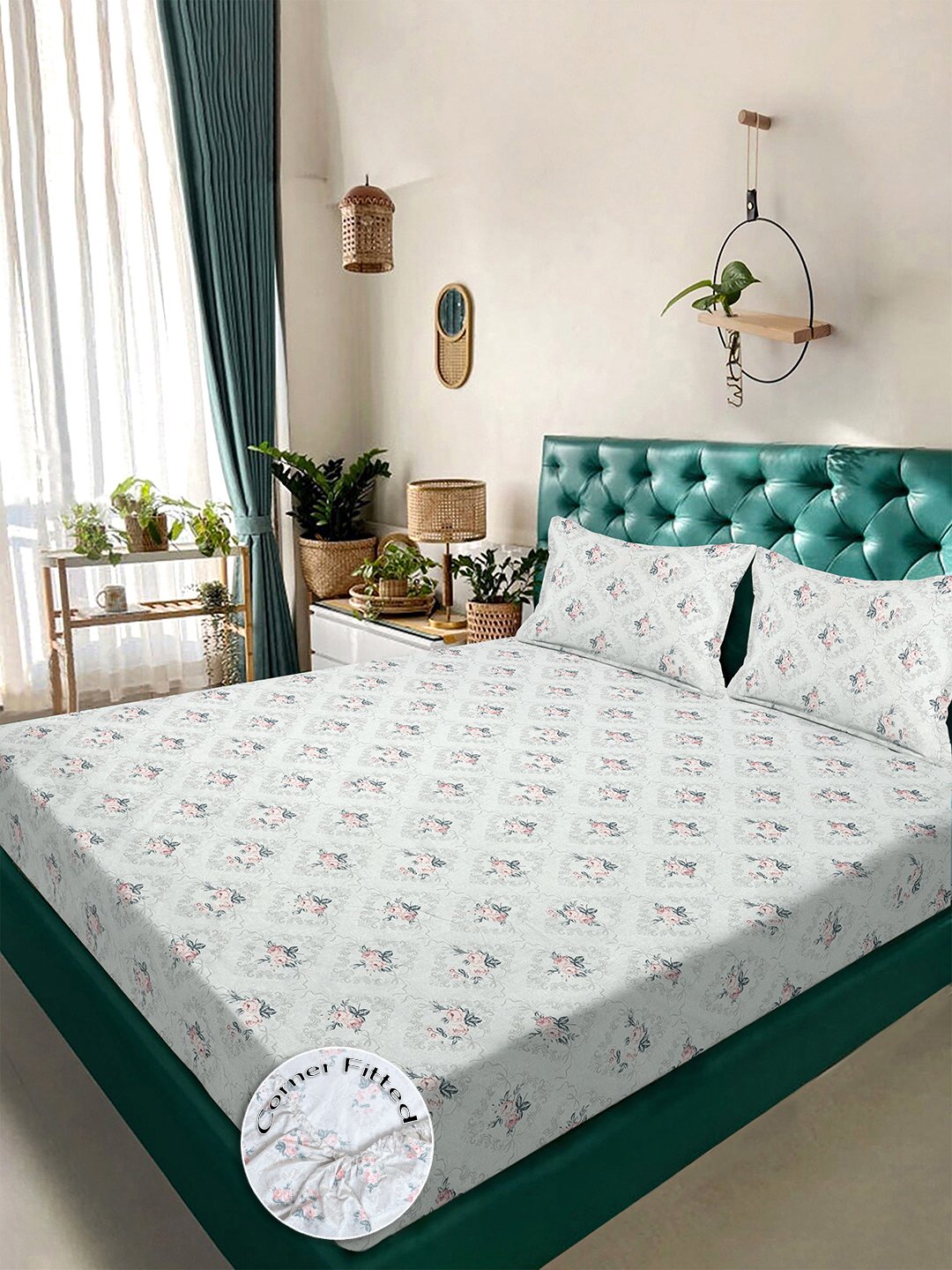 Cream Floral 300 TC Cotton Blend Fitted Double Bedsheet with 2 Pillow Covers