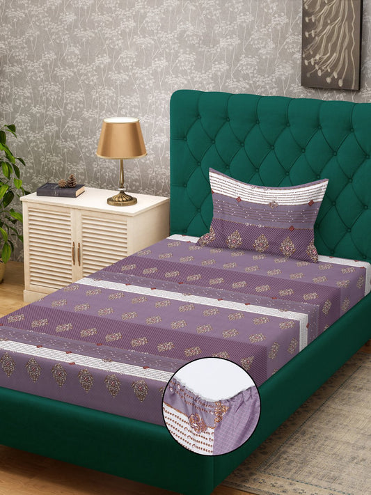 Purple Geometric 300 TC Cotton Blend Fiited Single Bedsheet with Pillow Cover