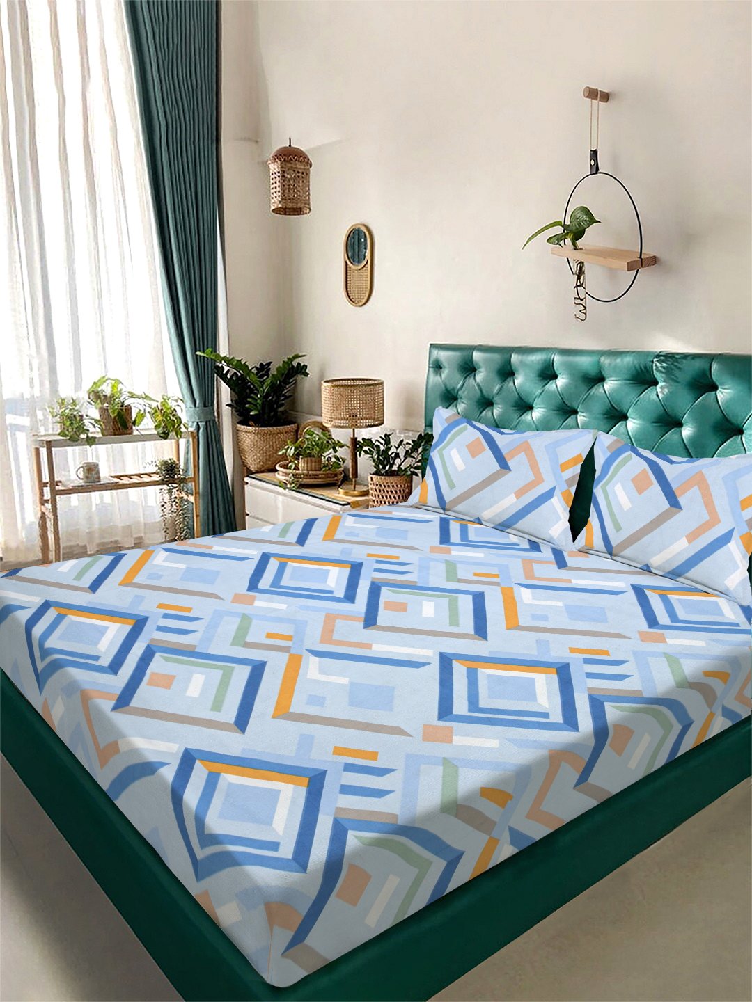 Blue Geometric 300 TC Cotton Blend Double Bedsheet with 2 Pillow Covers