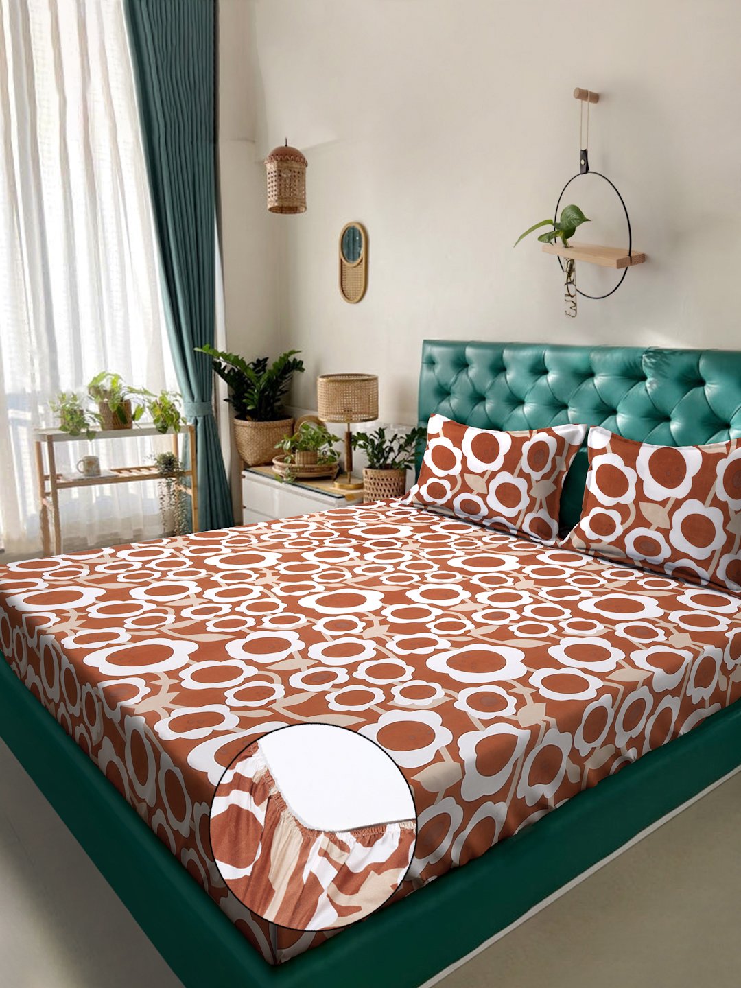 Rust Floral 300 TC Cotton Blend Fitted Double Bedsheet with 2 Pillow Covers
