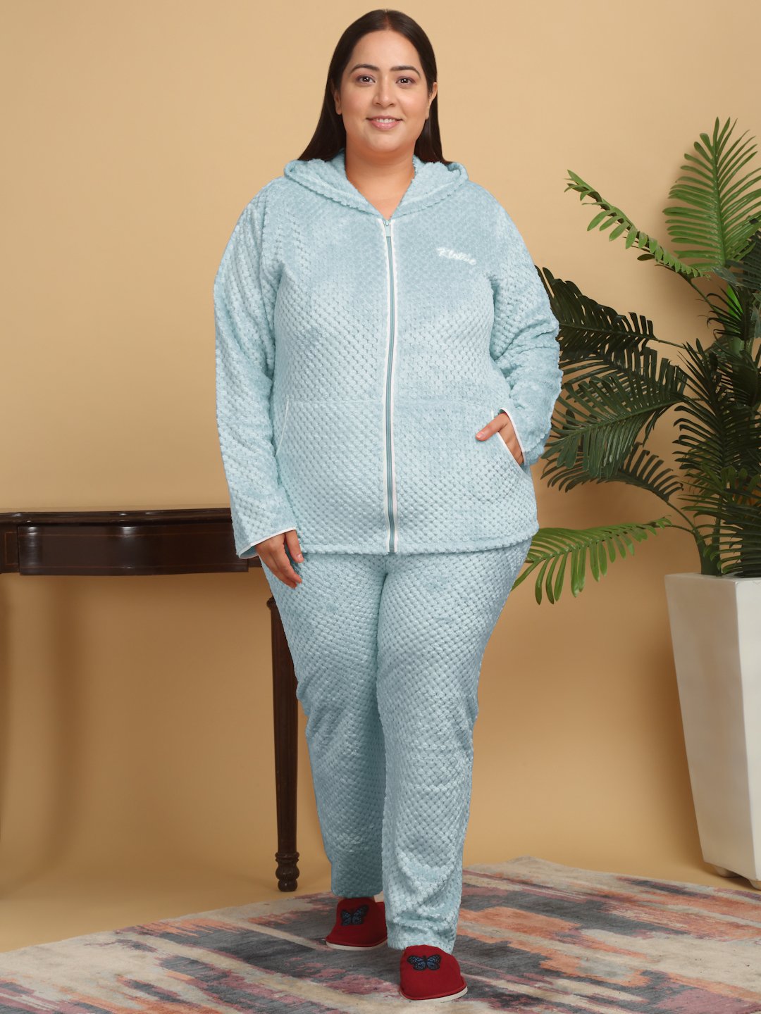 Women Turquoise Solid Hooded Woolen Night Suit