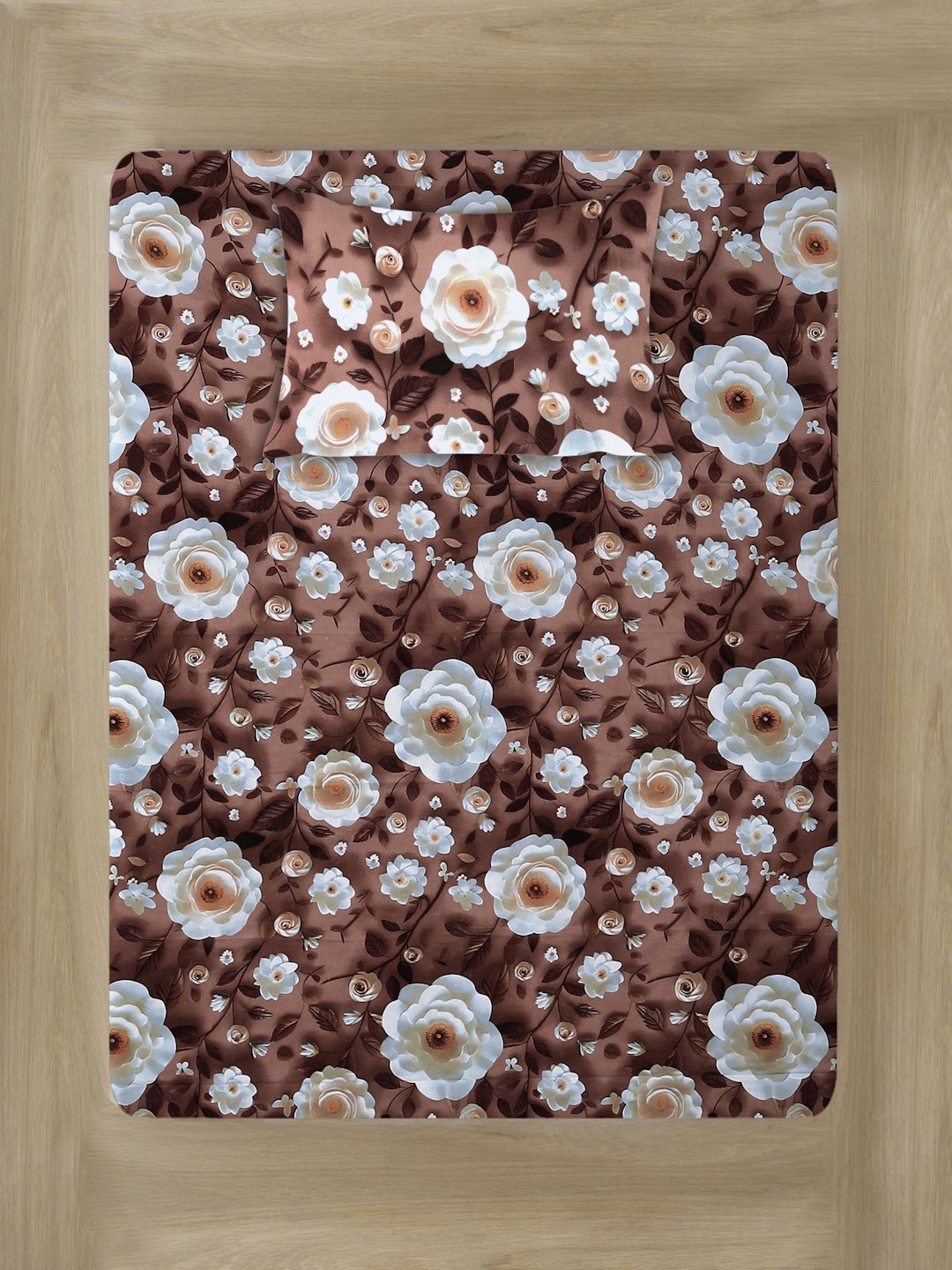 Brown Floral 7D Cotton Blend Fitted Single Bedsheet with Pillow Cover