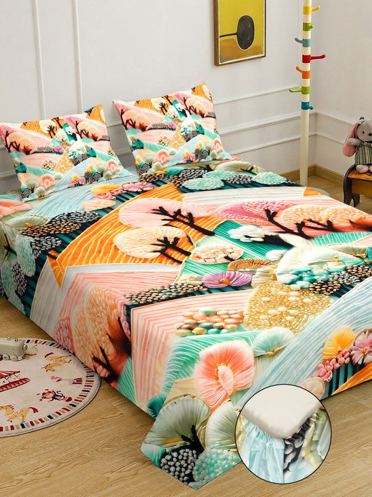 Multi 7D Floral Printed Fitted Cotton Blend Double Bedsheet with 2 Pillow Covers