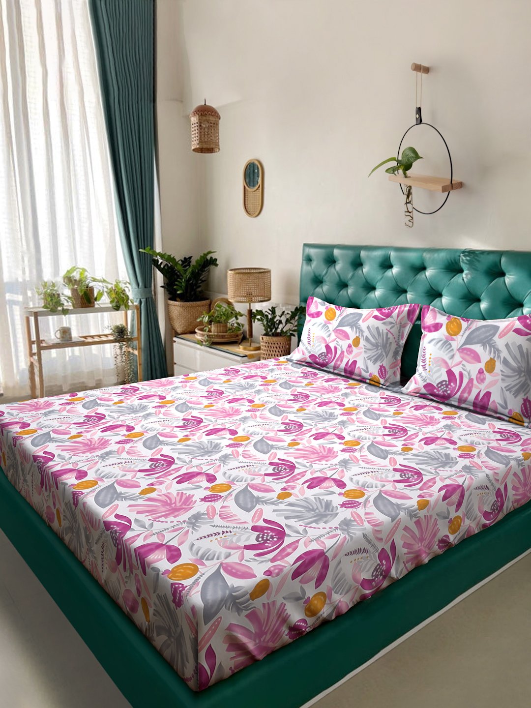Book Fold Multi Floral 300 TC Cotton Blend Double Bedsheet with 2 Pillow Covers