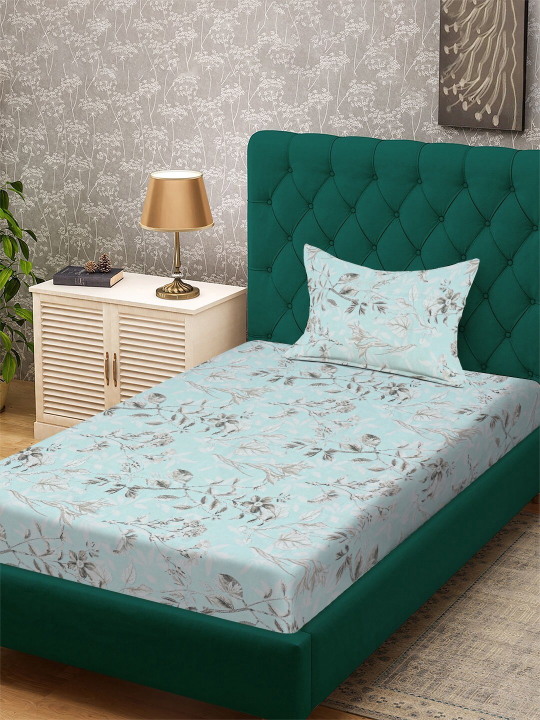 Green Floral 300 TC Cotton Blend Single Bedsheet with Pillow Cover