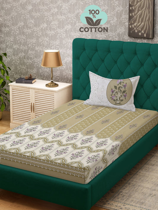 Klotthe Olive Floral 400 TC Pure Cotton Single Bedsheet with Pillow Cover