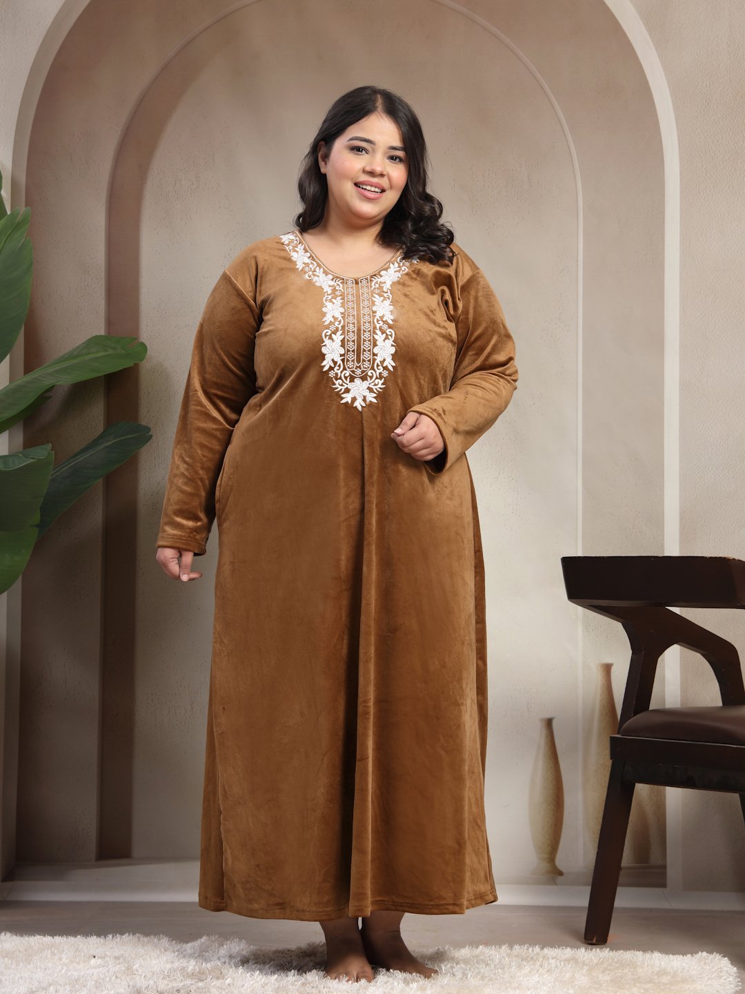 Klotthe Brown Solid Soft touch Velvet Maxi Nightdress