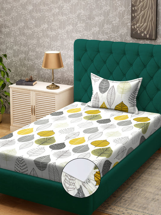 Klotthe Cream Floral 300 TC Cotton Blend Fitted Single Bedsheet with Pillow Cover