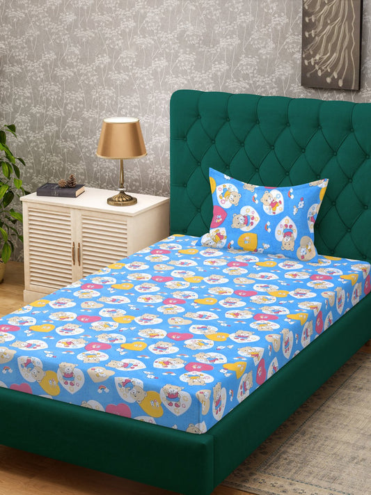 Blue Cartoon Characters 400 TC Pure Cotton Single Bedsheet with Pillow Cover