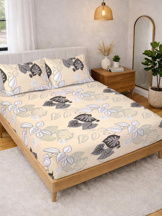 Beige Floral Cotton Blend Double Bedsheet with 2 Pillow Covers