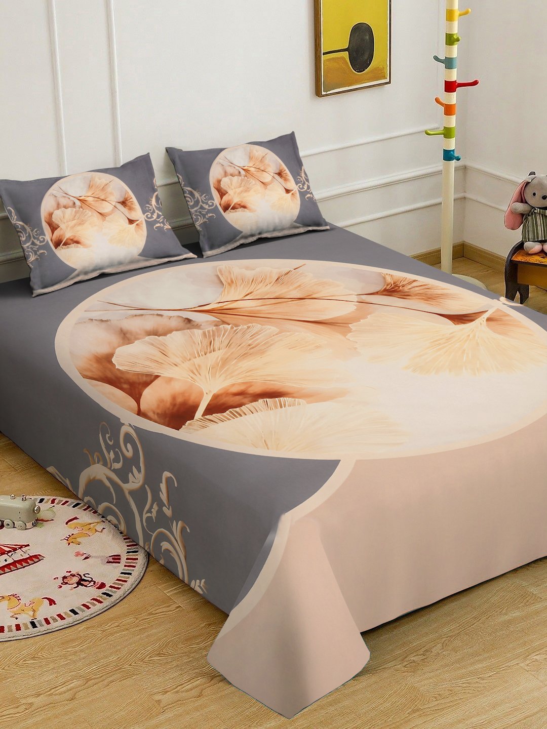 Grey Digital Floral Printed Cotton Blend Double Bedsheet with 2 Pillow Covers