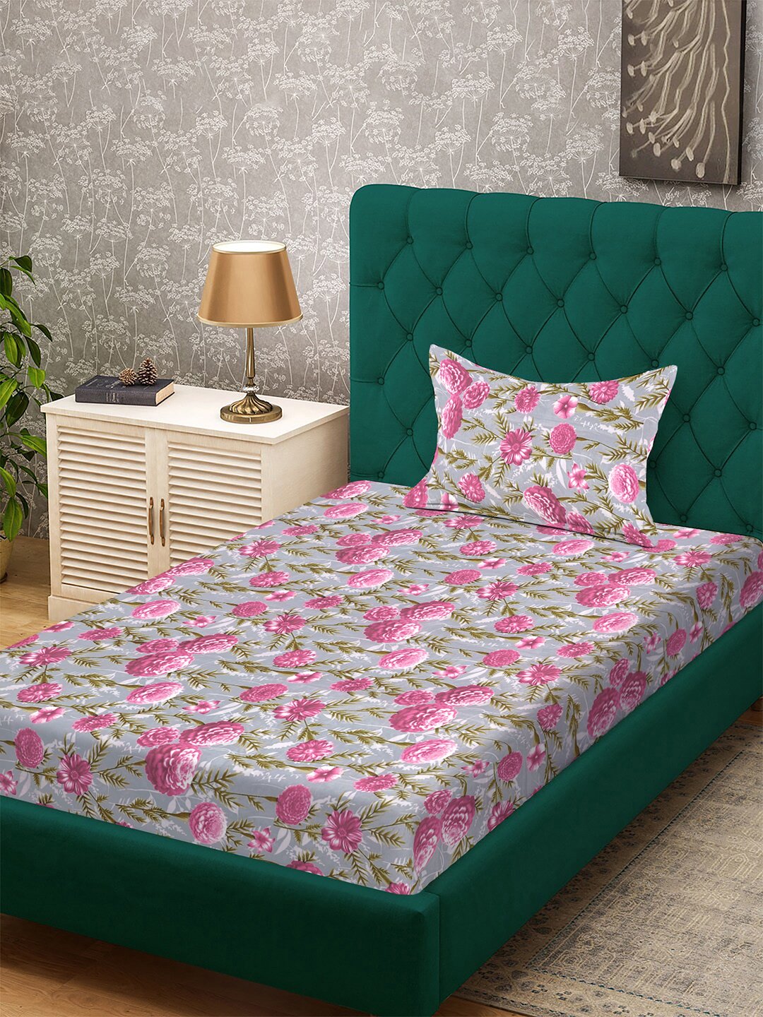 Pink Floral 300 TC Cotton Blend Fitted Single Bedsheet with Pillow Cover