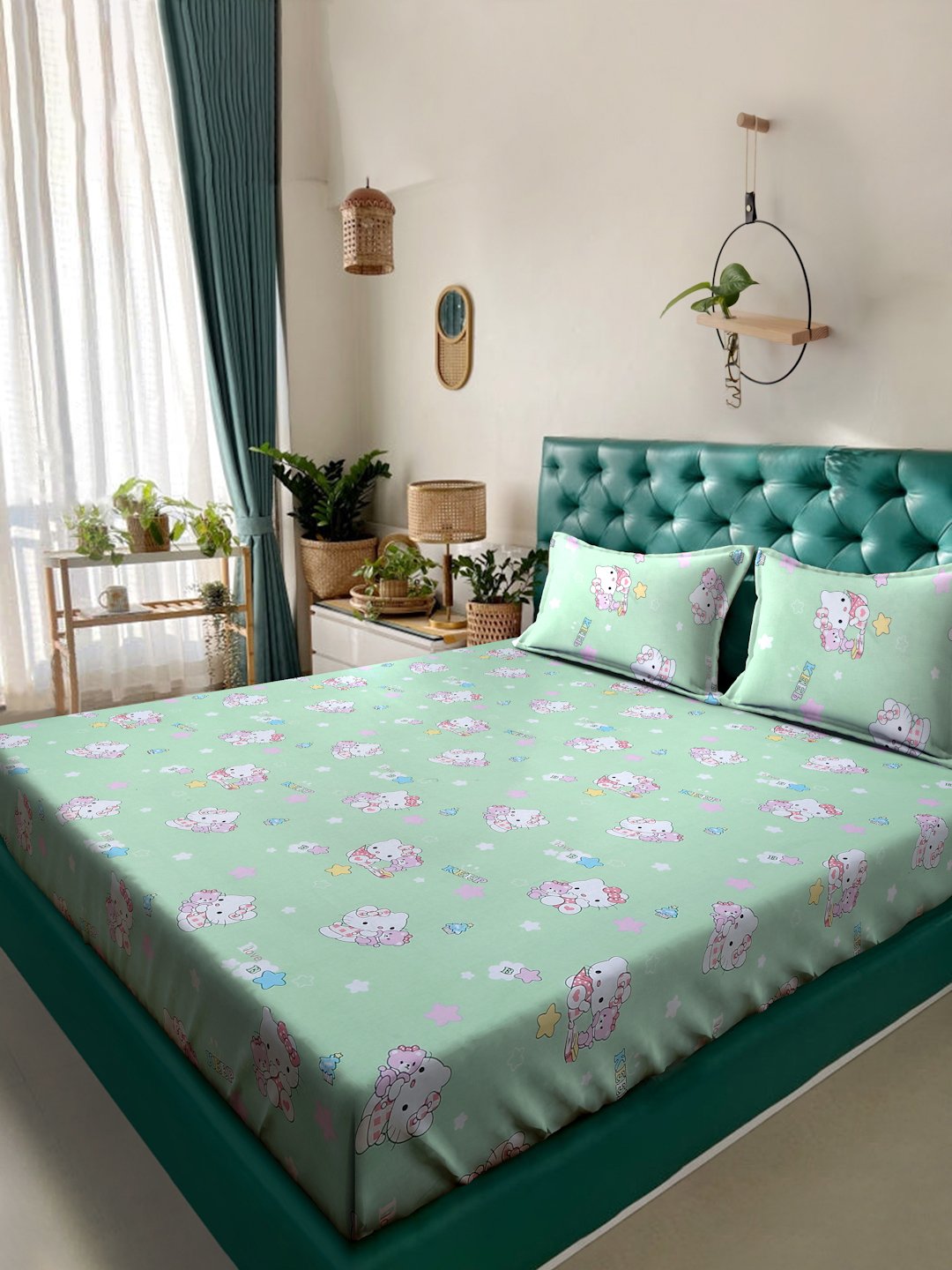 Green Cartoon Characters 400 TC Pure Cotton Double Bedsheet with 2 Pillow Covers
