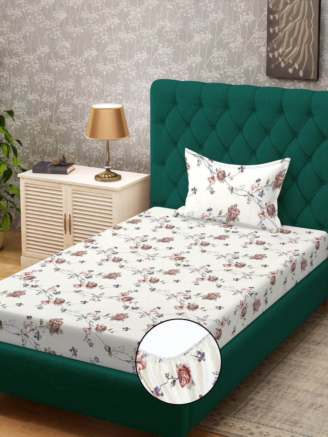 Beige Floral 300 TC Cotton Blend Fiited Single Bedsheet with Pillow Cover