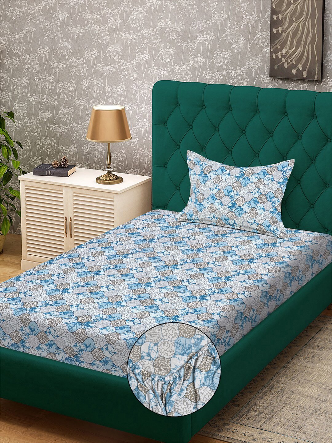 Blue Floral 300 TC Cotton Blend Fitted Single Bedsheet with Pillow Cover