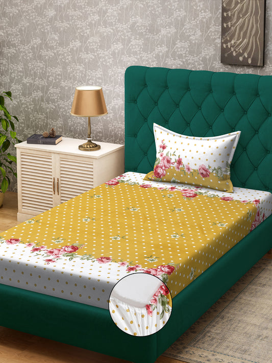 Klotthe Yellow Floral 300 TC Cotton Blend Fitted Single Bedsheet with Pillow Cover