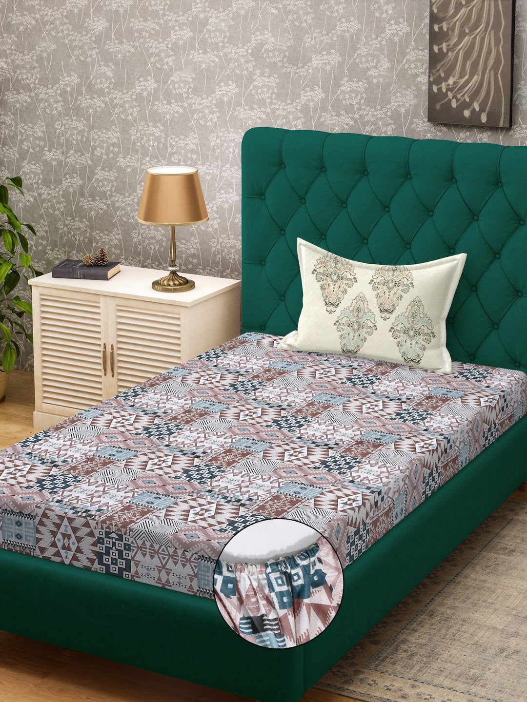 Multi Geometric 400 TC Pure Cotton Fitted Single Bedsheet with Pillow Cover