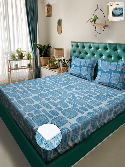 Klotthe Turquoise Geometric 300 TC Cotton Blend Fitted Double Bedsheet in Book Fold Packing