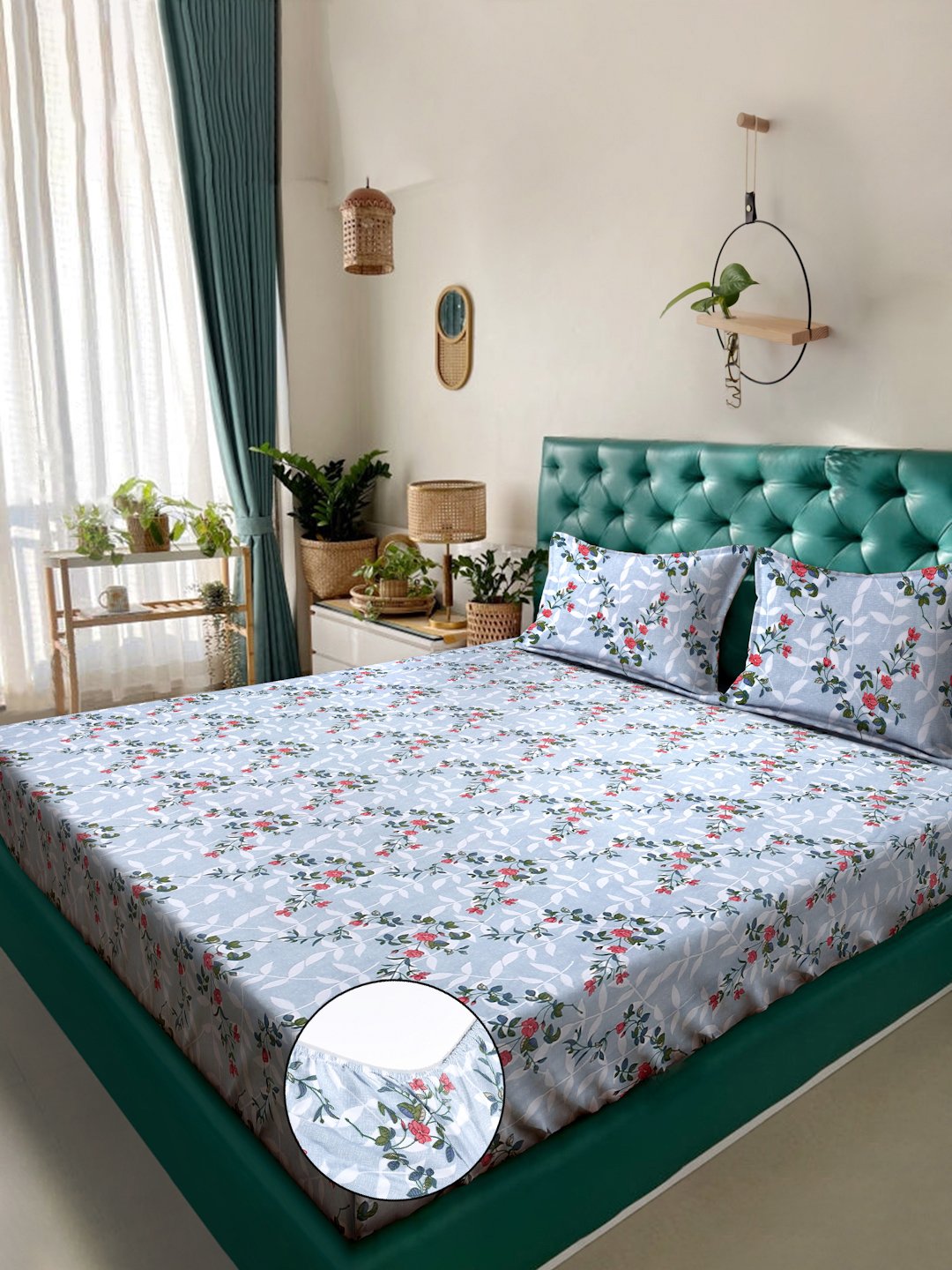 Multi Floral 300 TC Cotton Blend Fitted Super King Double Bedsheet with 2 Pillow covers