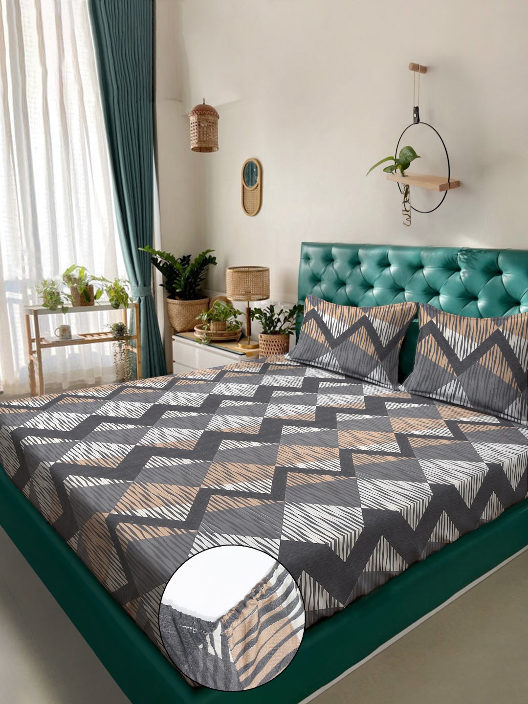 Grey Geometric  300 TC Cotton Blend Fitted Double Bedsheet in Book Fold Packing