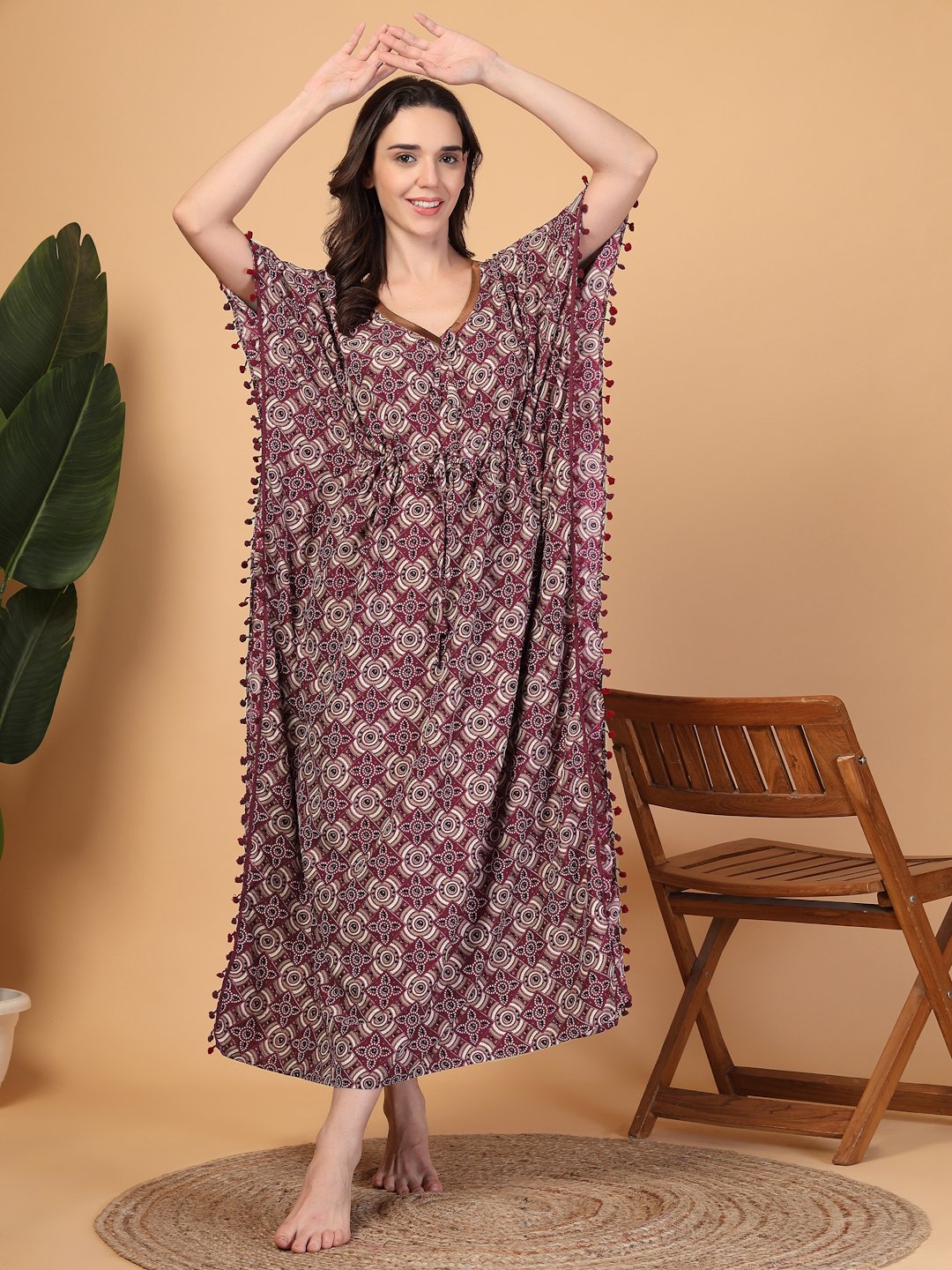 Red Floral Cotton Blend Kaftan Maxi Nightdress