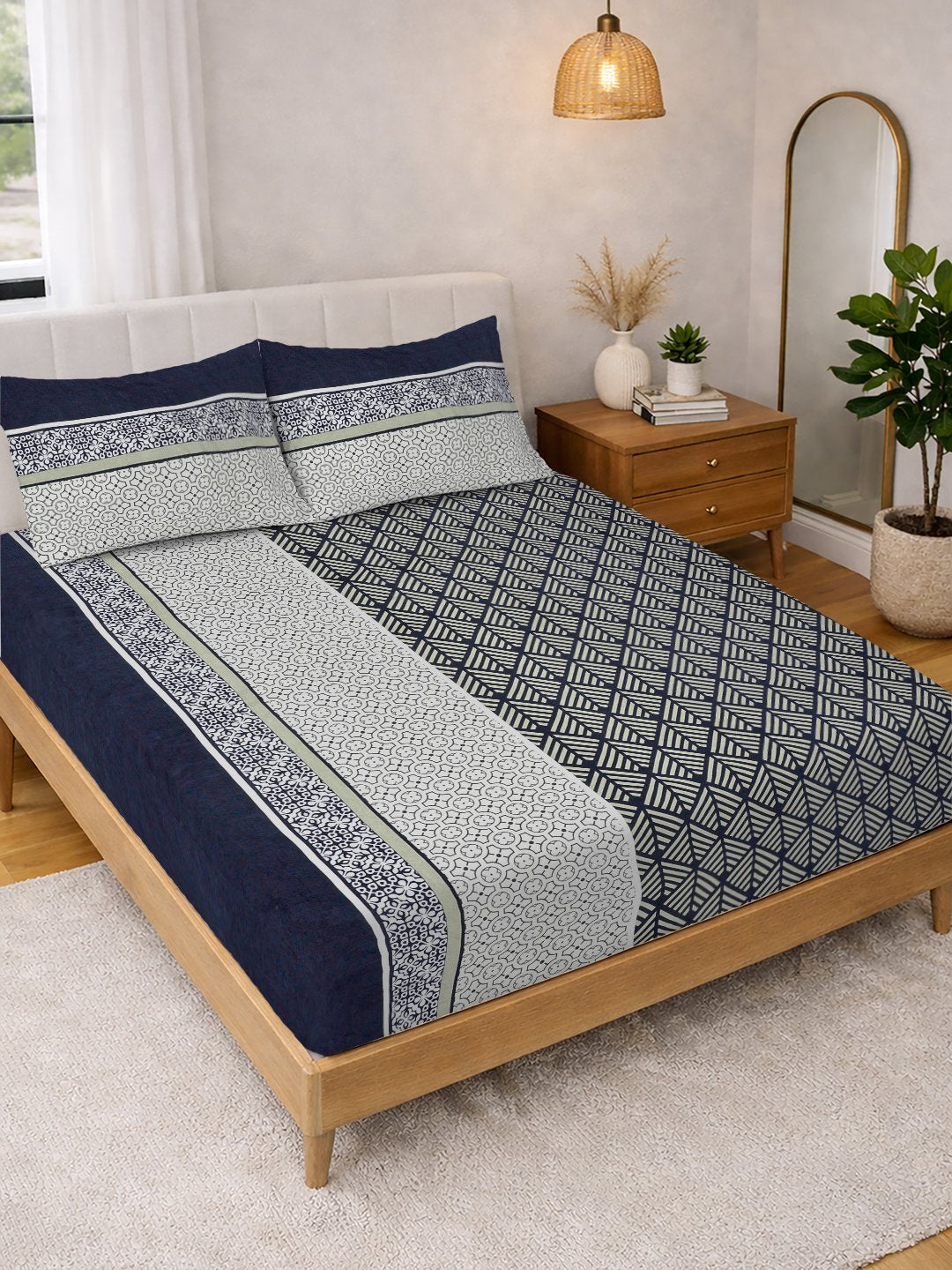 Multi Geometric Cotton Blend Double Bedsheet with 2 Pillow Covers