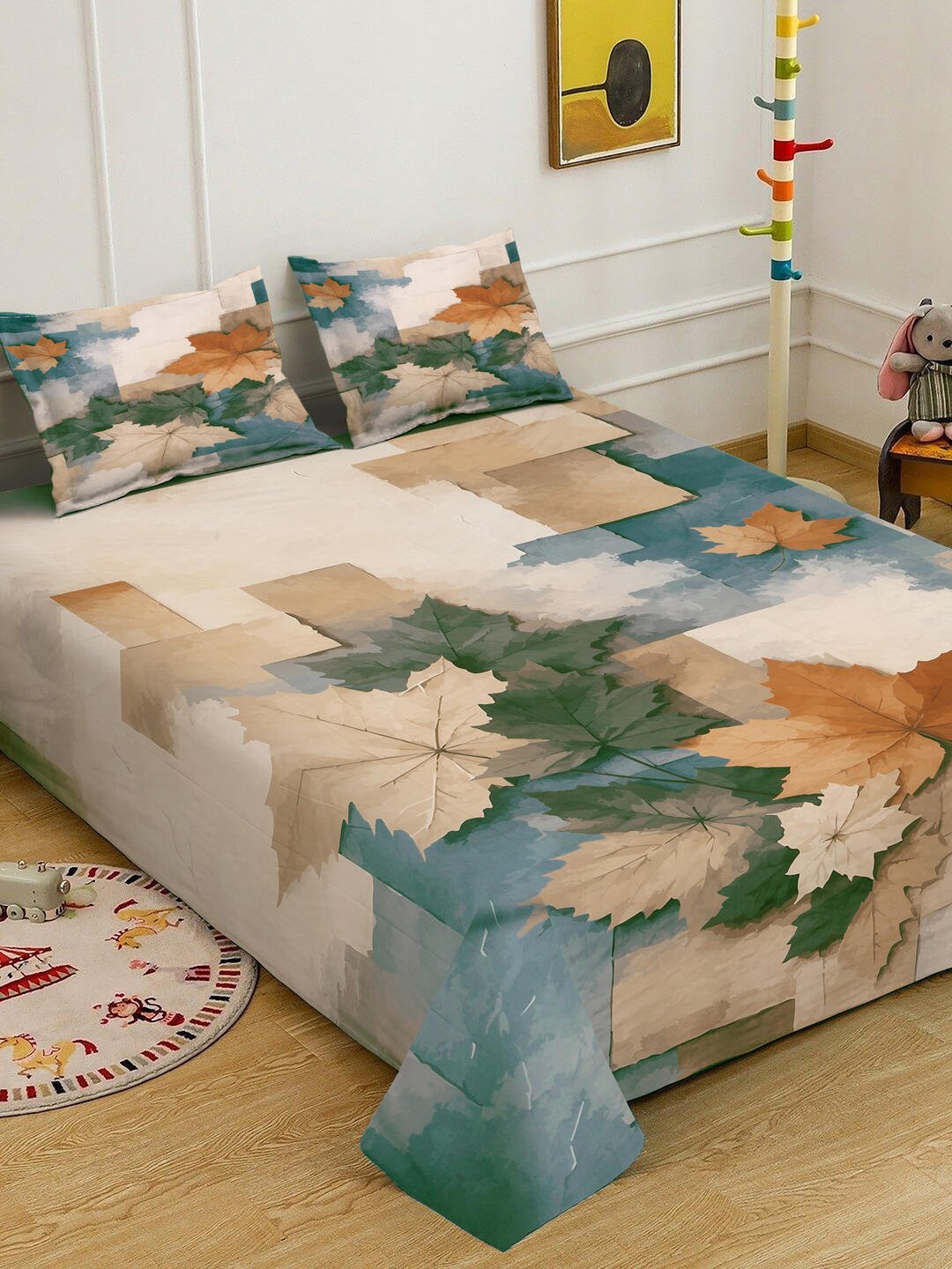 Beige Digital Geometric Printed Cotton Blend Double Bedsheet with 2 Pillow Covers