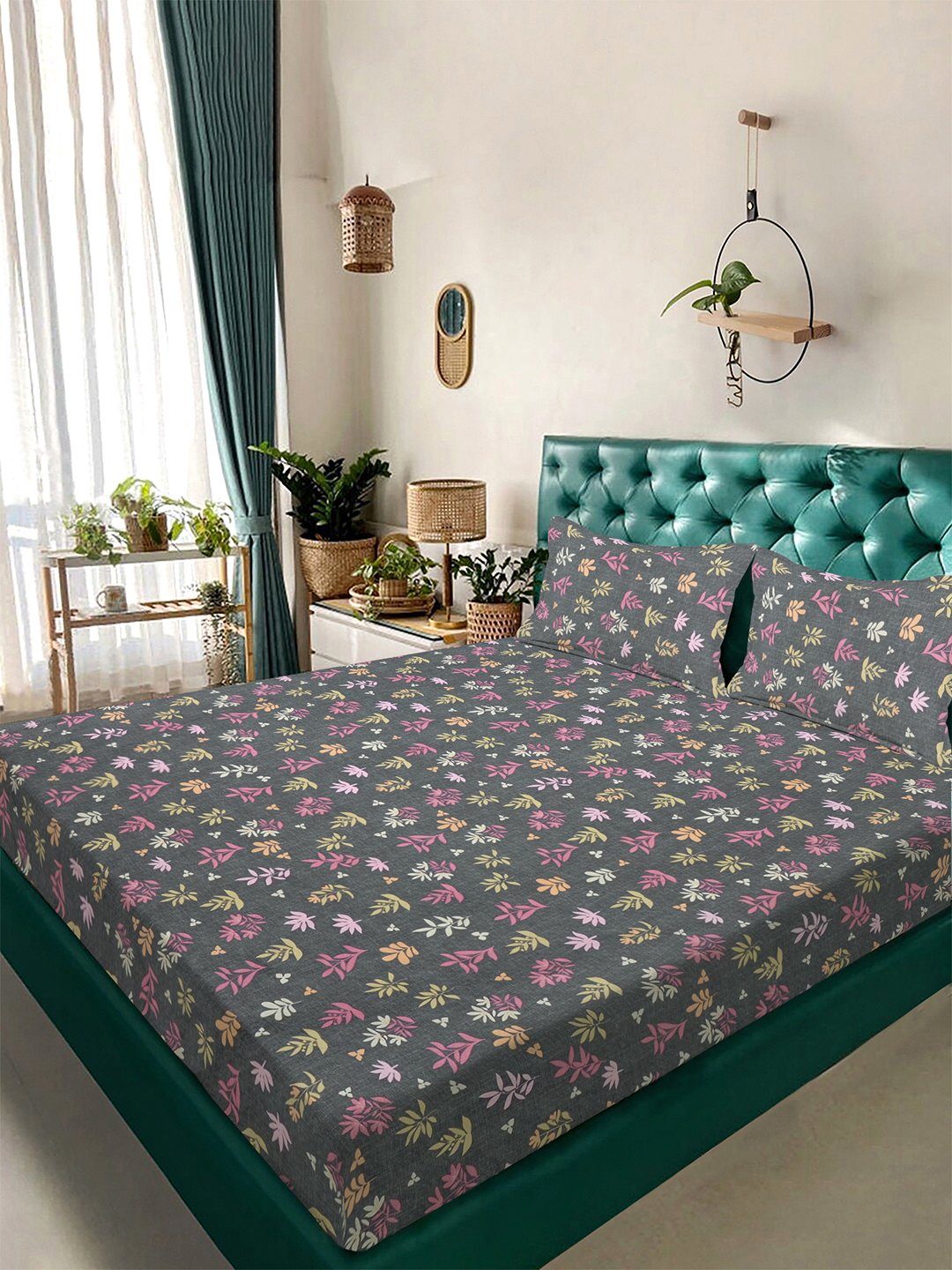Grey Floral 300 TC Cotton Blend Double Bedsheet with 2 Pillow Covers