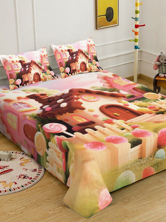 Multi 7D Cartoon Characters Printed Cotton Blend Double Bedsheet with 2 Pillow Covers