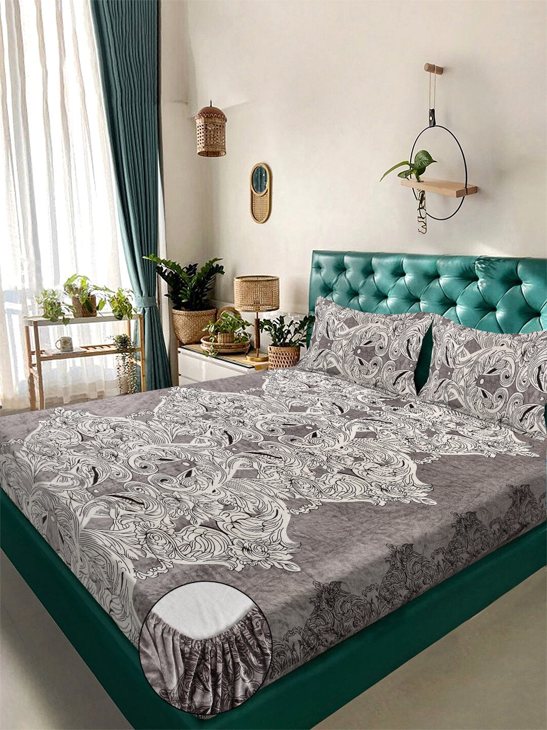 Beige Floral Super King Woolen Fitted Double Bedsheet with 2 Pillow Covers