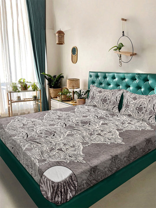 Beige Floral Super King Woolen Fitted Double Bedsheet with 2 Pillow Covers