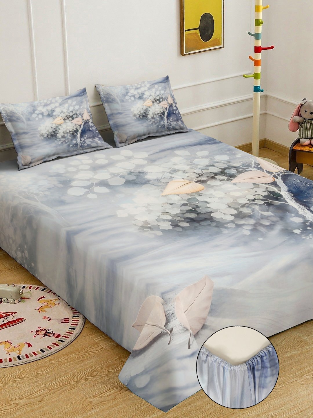 Grey Digital Floral Printed Cotton Blend Fitted Double Bedsheet with 2 Pillow Covers